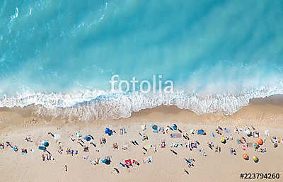 Aerial view at the beach. Turquoise water background from top view. Summer seascape from air. Top view from drone. Travel concep (fotótapéta) - vászonkép, falikép otthonra és irodába