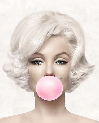 Marilyn Monroe rózsaszín rágógumit fúj, színes (4:5 arány) (bögre) - vászonkép, falikép otthonra és irodába