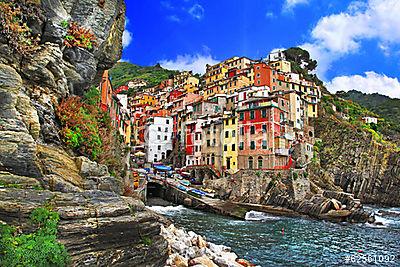Olaszország színei - Riomaggiore, képregény halászfalu, Liguria (keretezett kép) - vászonkép, falikép otthonra és irodába