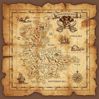 Vector Pirate Treasure térkép (többrészes kép) - vászonkép, falikép otthonra és irodába