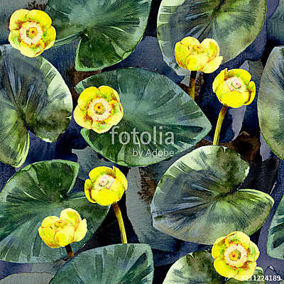 Seamless watercolor pattern of yellow water lilies and leaves. (többrészes kép) - vászonkép, falikép otthonra és irodába