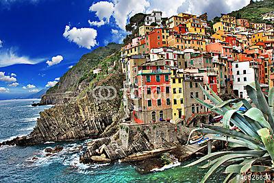 színpadi Olaszország. Riomaggiore falu, Cinque Terre (többrészes kép) - vászonkép, falikép otthonra és irodába