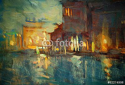 Éjszaka Velence épület, (olajfestmény reprodukció) (keretezett kép) - vászonkép, falikép otthonra és irodába