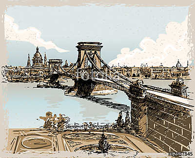 Vintage Hand Drawn View of Lions Bridge in Budapest (bögre) - vászonkép, falikép otthonra és irodába