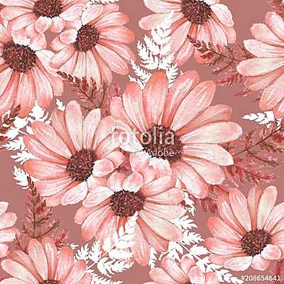 Floral seamless pattern with chrysanthemums. Watercolor flowers  (többrészes kép) - vászonkép, falikép otthonra és irodába