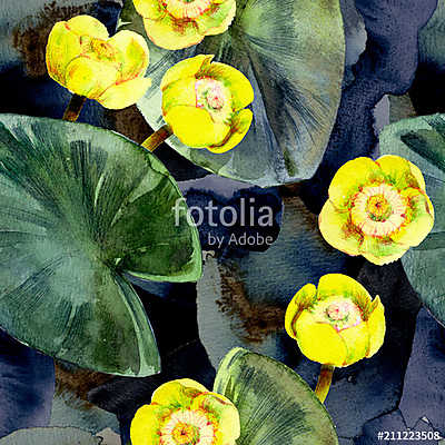 Seamless watercolor pattern of yellow water lilies and leaves. (keretezett kép) - vászonkép, falikép otthonra és irodába