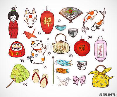 Japán színes doodle vázlatelemek. Szimbólumok Japánban. (poszter) - vászonkép, falikép otthonra és irodába