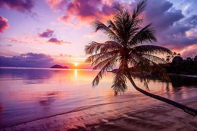 Beautiful bright sunset on a tropical paradise beach (keretezett kép) - vászonkép, falikép otthonra és irodába