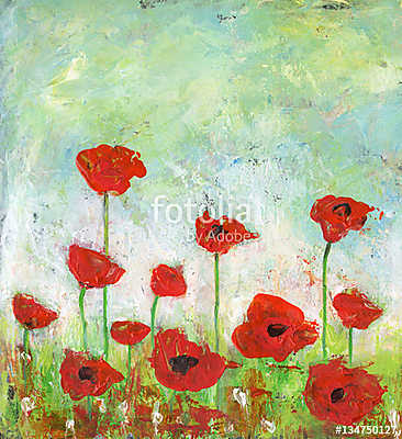 Poppies Field - Acrylic painting of an abstract poppies field.  (többrészes kép) - vászonkép, falikép otthonra és irodába