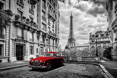 Piros autó Párizsban (többrészes kép) - vászonkép, falikép otthonra és irodába
