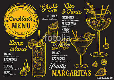 Cocktail bar menu. Vector drinks flyer for restaurant and cafe.  (többrészes kép) - vászonkép, falikép otthonra és irodába