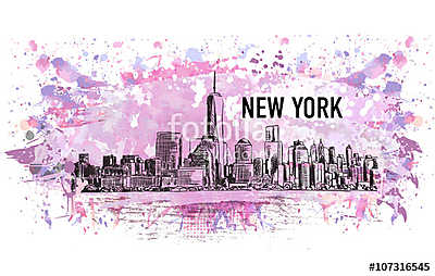 New York, vector drawing in colorful grunge and watercolor shape (keretezett kép) - vászonkép, falikép otthonra és irodába