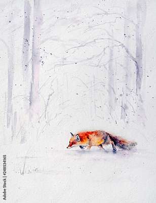 Vörös róka a havas erdőben (keretezett kép) - vászonkép, falikép otthonra és irodába