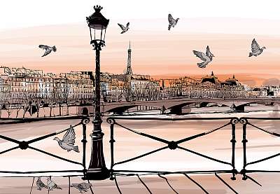 Napnyugta a Seine-folyó partján, a Pont des Arts-tól Párizsban (többrészes kép) - vászonkép, falikép otthonra és irodába