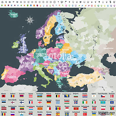 Európa térképe a régiók határain át színezett országokkal. Zászl (többrészes kép) - vászonkép, falikép otthonra és irodába