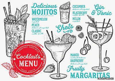 Cocktail bar menu. Vector drinks flyer for restaurant and cafe.  (vászonkép óra) - vászonkép, falikép otthonra és irodába