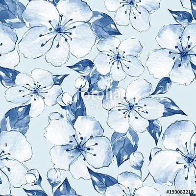 Floral seamless pattern 8. Blue watercolor background with white (fotótapéta) - vászonkép, falikép otthonra és irodába