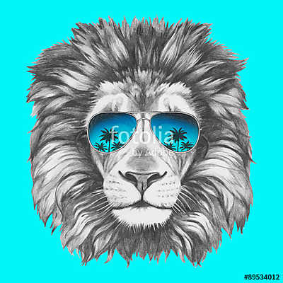 Hand drawn portrait of Lion with sunglasses. Vector isolated ele (fotótapéta) - vászonkép, falikép otthonra és irodába