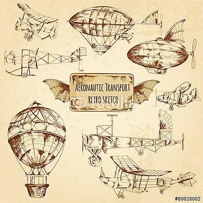 Retro Aviation Sketch (keretezett kép) - vászonkép, falikép otthonra és irodába