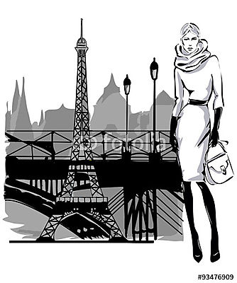 Vázlatos stílusban modellező modellek esik a télen Párizs közelé (keretezett kép) - vászonkép, falikép otthonra és irodába