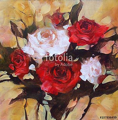 Fehér és vörös rózsa, kézzel készített festés (bögre) - vászonkép, falikép otthonra és irodába