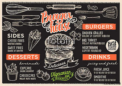 Burger restaurant menu. Vector food flyer for bar and cafe. Desi (bögre) - vászonkép, falikép otthonra és irodába