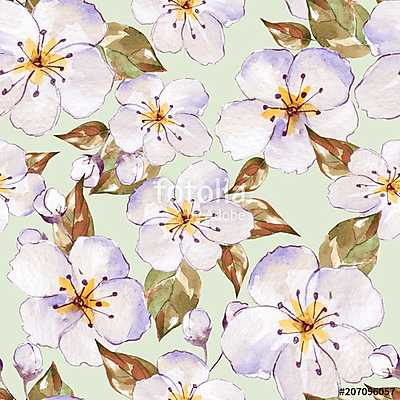 Floral seamless pattern 7. Watercolor background with white flow (fotótapéta) - vászonkép, falikép otthonra és irodába