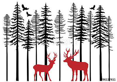 Fenyőerdő rénszarvas, vektor (poszter) - vászonkép, falikép otthonra és irodába