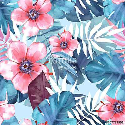 Seamless tropical pattern 3. Watercolor illustration (bögre) - vászonkép, falikép otthonra és irodába