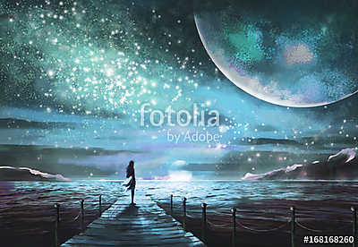 Fantastic illustration with an unknown planet and MilkyWay, star (többrészes kép) - vászonkép, falikép otthonra és irodába