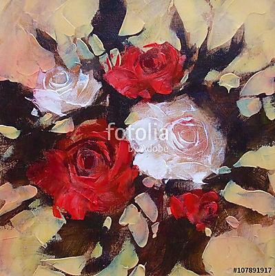 Fehér és vörös rózsa, kézzel festett (többrészes kép) - vászonkép, falikép otthonra és irodába