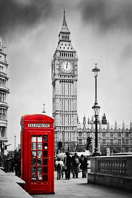 Vörös telefonfülke és Big Ben Londonban, Angliában, az Egyesült  (keretezett kép) - vászonkép, falikép otthonra és irodába