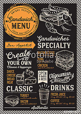 Sandwich restaurant menu. Vector food flyer for bar and cafe. De (keretezett kép) - vászonkép, falikép otthonra és irodába