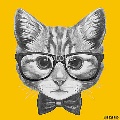 Hand drawn portrait of Cat with glasses and bow tie. Vector isol (keretezett kép) - vászonkép, falikép otthonra és irodába