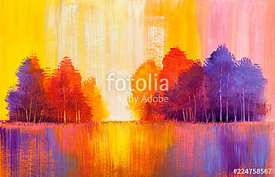 Absztrakt őszi tájkép naplementében (olajfestmény reprodukció) (többrészes kép) - vászonkép, falikép otthonra és irodába