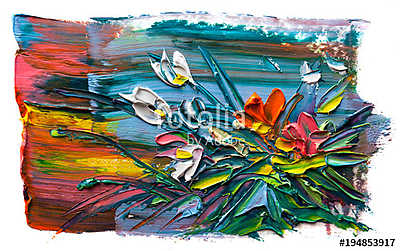Absztrakt virágok kompozíciója színes hátteren (olajfestmény reprodukció) (keretezett kép) - vászonkép, falikép otthonra és irodába