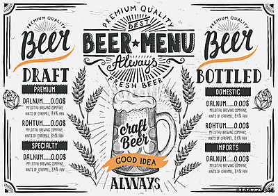 Beer menu restaurant, drink template. (keretezett kép) - vászonkép, falikép otthonra és irodába