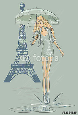 Paris Fashion lány az Eiffel-torony közelében (keretezett kép) - vászonkép, falikép otthonra és irodába