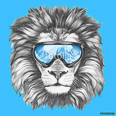 Portrait of Lion with ski goggles. Hand drawn illustration. (keretezett kép) - vászonkép, falikép otthonra és irodába