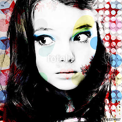 Bright colorful portrait of a thoughtful girl in modern style pop art. Computer design. Contemporary art. (bögre) - vászonkép, falikép otthonra és irodába