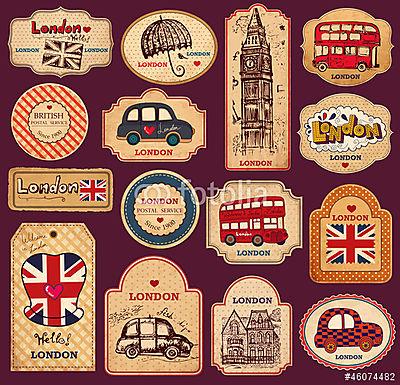 Vintage címkék és címkék londoni szimbólumokkal (keretezett kép) - vászonkép, falikép otthonra és irodába