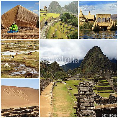 Peru kollázs a Machu Pichu és a Titicaca tó tájakkal (keretezett kép) - vászonkép, falikép otthonra és irodába