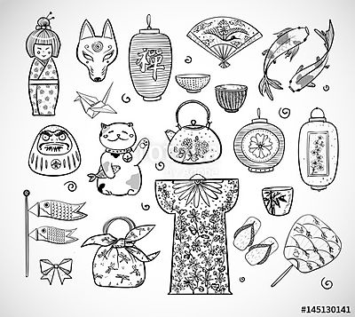 Japán doodle vázlatelemek. Szimbólumok Japánban. (bögre) - vászonkép, falikép otthonra és irodába