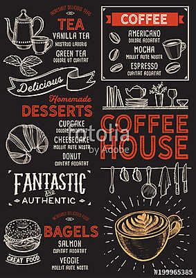 Coffee restaurant menu. Vector drink flyer for bar and cafe. Des (bögre) - vászonkép, falikép otthonra és irodába
