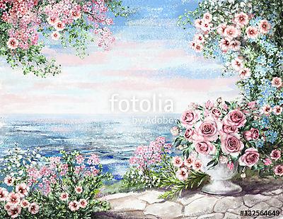 Rózsák és tenger (olajfestmény reprodukció) (keretezett kép) - vászonkép, falikép otthonra és irodába