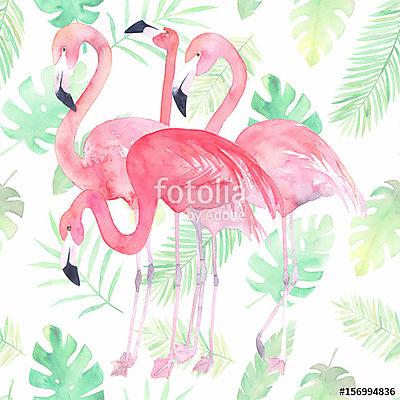 Flamingók és tropikusi levelek (poszter) - vászonkép, falikép otthonra és irodába