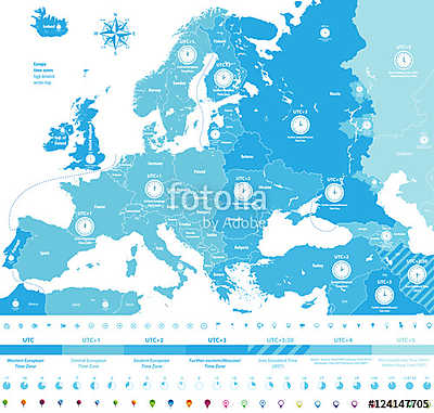 vektor Európában időzónák nagy részletes térkép helyszínnel és c (fotótapéta) - vászonkép, falikép otthonra és irodába