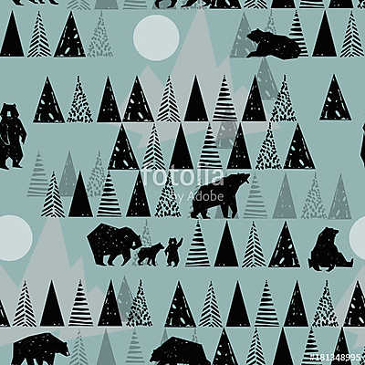 Forest seamless pattern. Wildlife pattern.  Wild Bear. Alaska pa (fotótapéta) - vászonkép, falikép otthonra és irodába