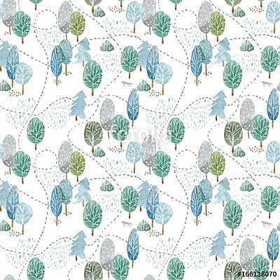Floral seamless pattern of a tree, spruce,birch,road,wolf,mushro (fotótapéta) - vászonkép, falikép otthonra és irodába