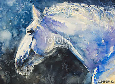 Fehér ló kék stílusban (akvarell) (keretezett kép) - vászonkép, falikép otthonra és irodába